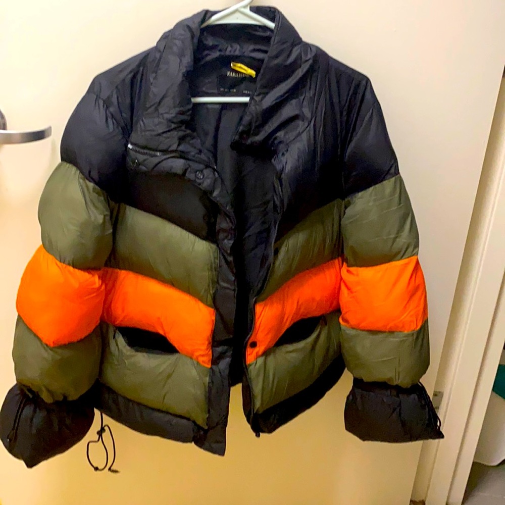 Zara Black, Green, and Orange Puffer Jacket